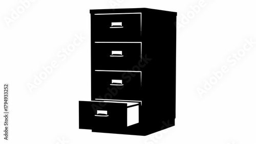 Illustration of a black filing cabinet with four drawers and one drawer is slightly open silhouette