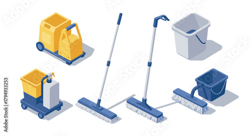 Isometric cleaning tools set with mops and buckets in modern style