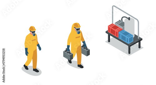 Isometric hazmat workers handling equipment in safety gear