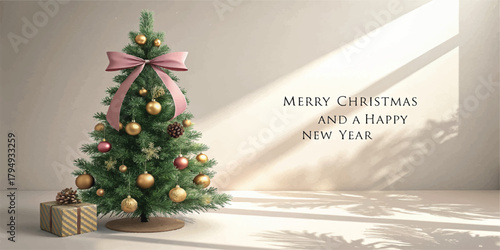 Festive Christmas card illustration featuring a decorated tree with pink ribbon, golden ornaments, gift box, soft shadows, and elegant “Merry Christmas and a Happy New Year” text on a warm background.