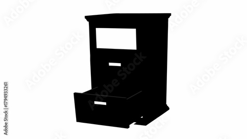 Isometric view of a black cabinet with a rectangular display and a pull out drawer on a white background silhouette