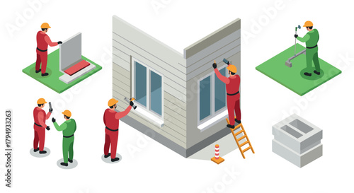Isometric construction workers installing siding and windows on a house
