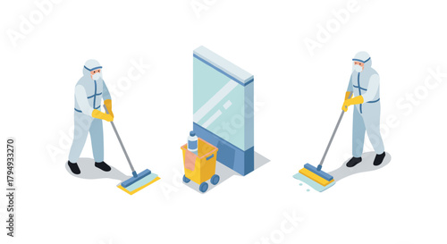 Isometric cleaning crew with protective gear and equipment in action