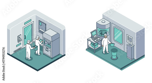 Isometric cleanroom laboratory scene with scientists and equipment