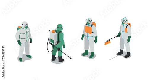 Isometric workers in protective suits with safety equipment