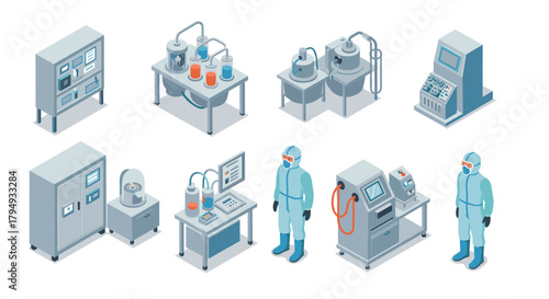 Isometric laboratory equipment and scientists in hazmat suits for modern science design