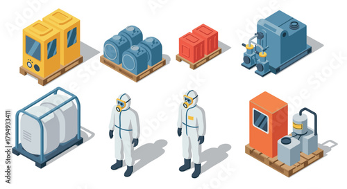 Isometric industrial equipment with workers in hazmat suits on white background