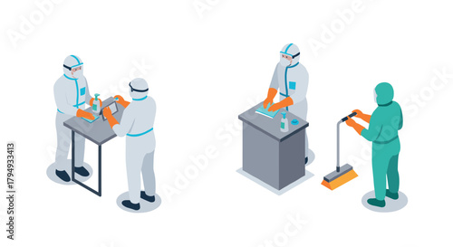 Isometric laboratory hygiene and cleanroom sanitization procedures