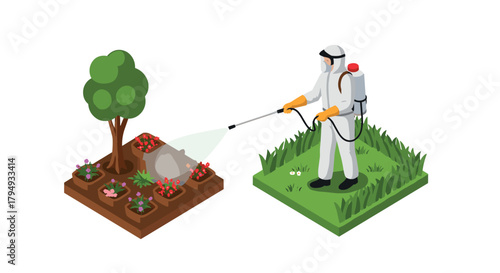 Isometric gardener spraying plants in protective gear on grass and flower bed