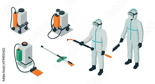 Isometric pest control equipment and professionals in protective gear