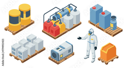 Isometric industrial equipment and worker in protective suit