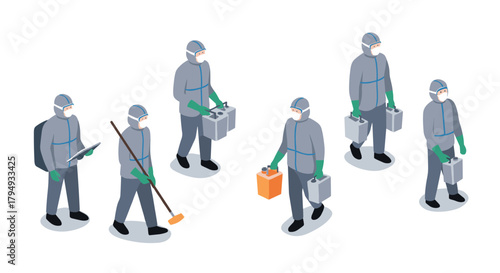 Isometric hazmat team in protective gear handling batteries and equipment