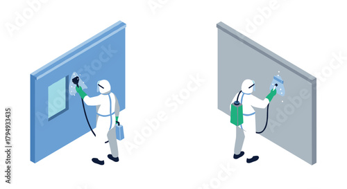 Isometric pest control workers spraying in protective gear