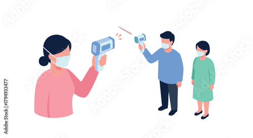 Isometric people checking temperature with thermometer