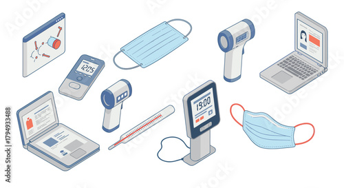 Isometric medical equipment set with laptops and protective masks