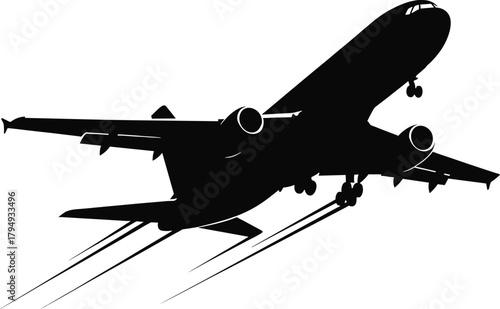 Black silhouette of a jet airplane taking off aircraft, airplane, jet, aircraft, aviation, transport, travel, flight, takeoff, wings, engines, landing gear, silhouette, black and white, graphic, vecto