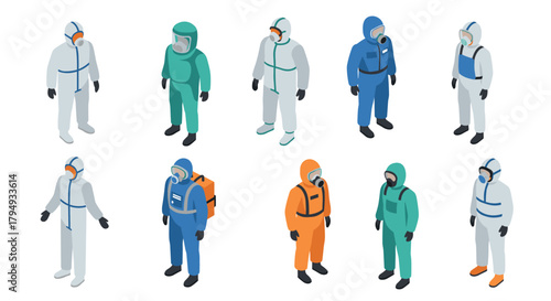 People in various hazmat suits and protective gear isometric design