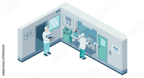 Modern isometric laboratory with scientists conducting research and experiments