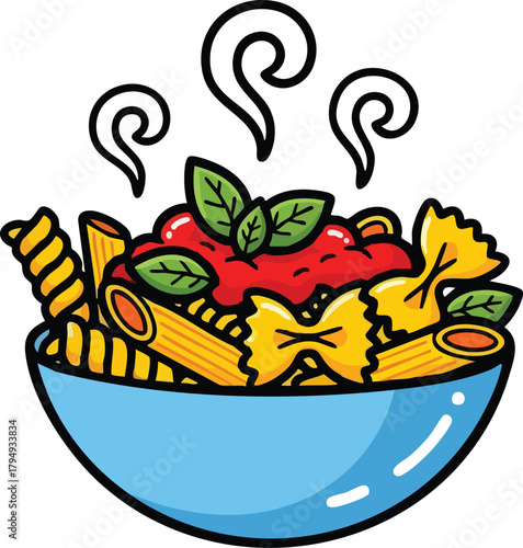 Steaming Blue Bowl Filled With Assorted Italian Pasta And Red Sauce Garnished With Green Basil Leaves
