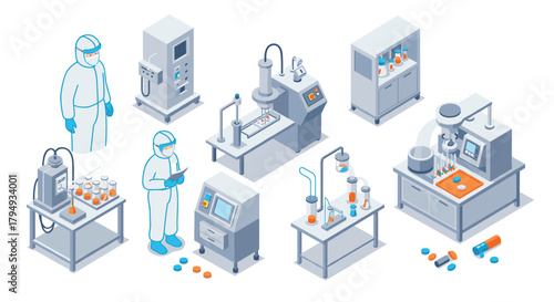 Isometric laboratory equipment and scientists in protective gear for pharmaceutical research