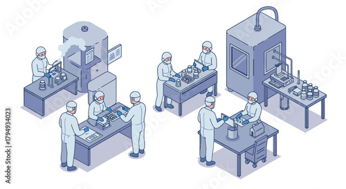 Isometric laboratory scene with scientists conducting experiments and using technology
