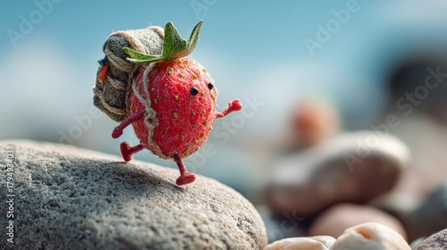 Anthropomorphic Adventurous Strawberry Explorer with Backpack on Rocks