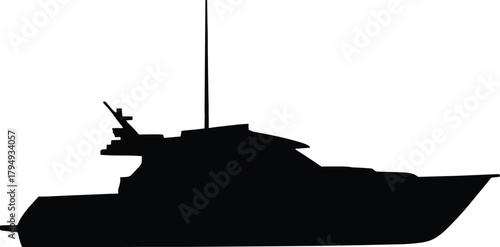 Black silhouette of a motor yacht on white background, yacht, boat, ship, silhouette, black, white, watercraft, vessel, motorboat, luxury, travel, transport, nautical, marine, ocean, sea, leisure, rec