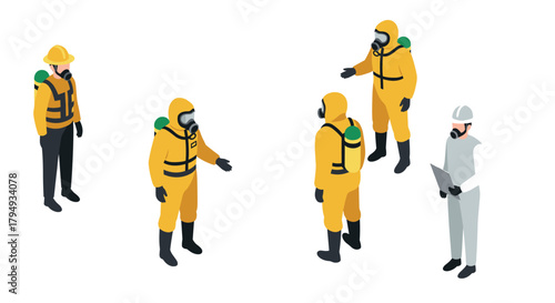 Isometric workers in protective gear engaging in safety discussion