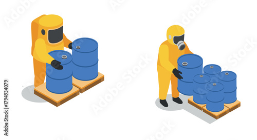 Hazmat workers handling toxic barrels in isometric style for safety and environment concept