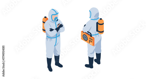 Isometric hazmat suit workers discussing safety procedures