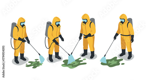 Isometric hazmat suit workers cleaning toxic spill with safety gear