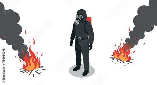 Isometric firefighter in gas mask amidst small fires and smoke