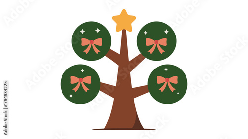 Christmas Tree Icon: Festive and minimalistic illustration of a stylized Christmas tree, adorned with charming bows and a radiant star at the top, embodies the spirit of the holiday season. 