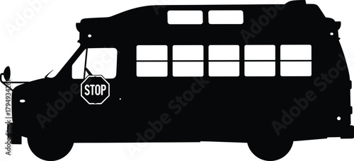 Black silhouette of a school bus with stop sign transportation, school bus, bus, transportation, vehicle, silhouette, black and white, stop sign, octagonal sign, traffic sign, windows, side view, trav