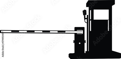 Black silhouette of a security gate with barrier arm, security gate, barrier arm, black silhouette, white background, entrance, exit, control, access, checkpoint, barrier, pole, post, automated, traff