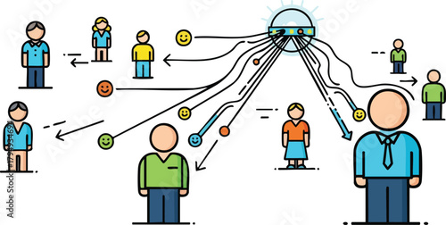 Centralized connection hub linking diverse individuals through abstract technology and emotional feedback loops illustration
