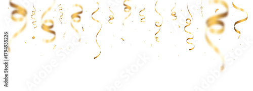 Golden festive confetti ribbons and sparkling stars falling in a celebratory decorative scene on a transparent PNG background.