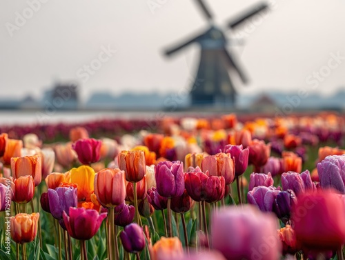 Colorful Tulip Field with Windmill, Netherlands