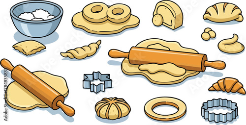 Baking preparation with dough rolling pins and cookie cutters arranged on a white surface