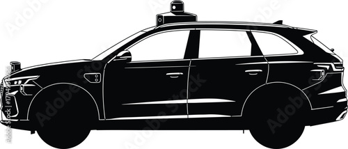 Black silhouette of an autonomous S U V with sensors, autonomous vehicle, self driving car, suv, black silhouette, white background, technology, sensor, lidar, camera, futuristic, transportation, vehi