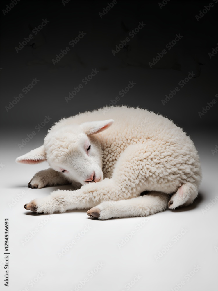 Fototapeta premium A cute, high-key photograph of a small, incredibly Fluffy Lamb lying on its side, fast asleep.