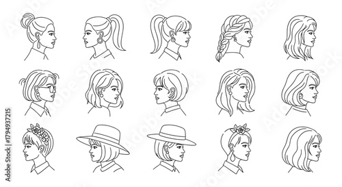 Line art of women with various hairstyles in profile view  