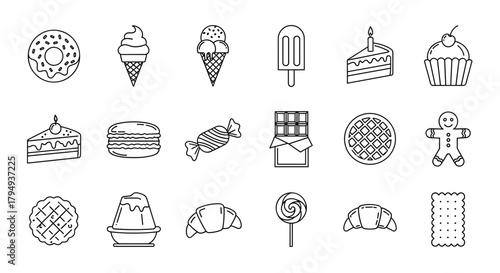 Various dessert icons including cakes, ice cream, and candies  