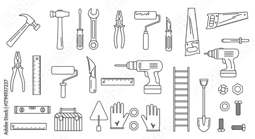 Various hand tools and equipment in minimalist outline style  
