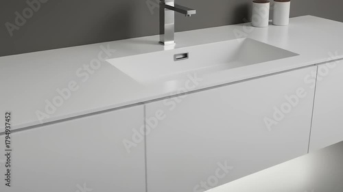 Modern minimalist bathroom sink design with sleek cabinetry and ambient lighting