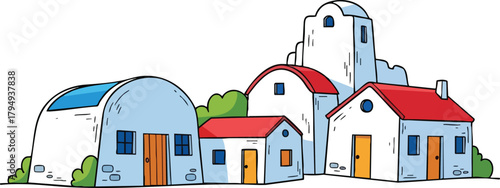 Charming Village Scene with Blue and White Buildings Red Roofs and Green Foliage