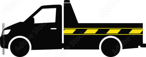 Black tow truck with yellow stripe detail vehicle, tow truck, truck, vehicle, black, yellow, stripe, graphic, illustration, transportation, service, transport, utility, flatbed, carrier, recovery, ass