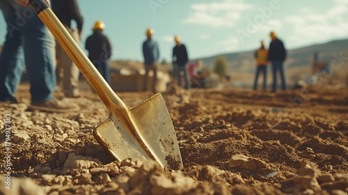Groundbreaking ceremony with shovel in foreground and construction workers in background