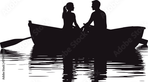 Couple in rowboat silhouetted on water with reflections, couple, man, woman, boat, rowboat, water, lake, river, sea, ocean, reflection, silhouette, black and white, oar, paddling, romance, love, relat