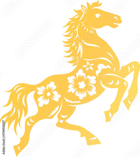 Chinese New Year 2026, the year of the Horse, red and gold line art characters, simple hand-drawn Asian elements with craft (Chinese translation: Happy Chinese New Year 2026, Red Chinese paper-cut 